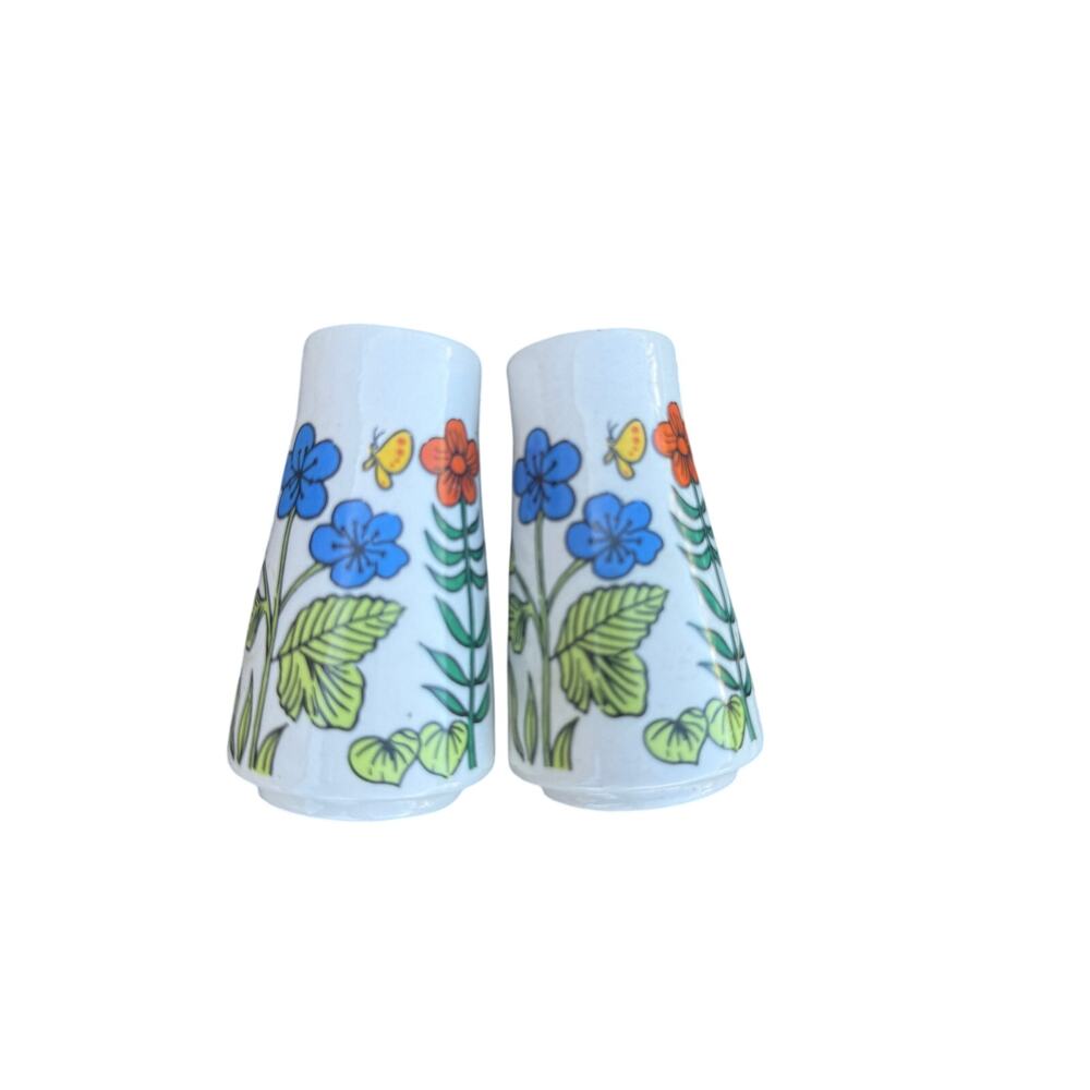 Vintage Porcelain Salt & Pepper Shakers – Blue & Orange Flowers – Missing Plugs